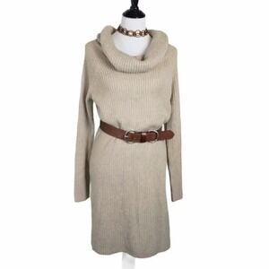 Halogen Sweater Dress Small Beige Ribbed Cowl‎ Neck Long Sleeve Sheath